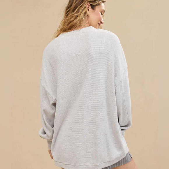Aerie Getaway Waffle Gray Crewneck Sweater - Picture 6 of 7